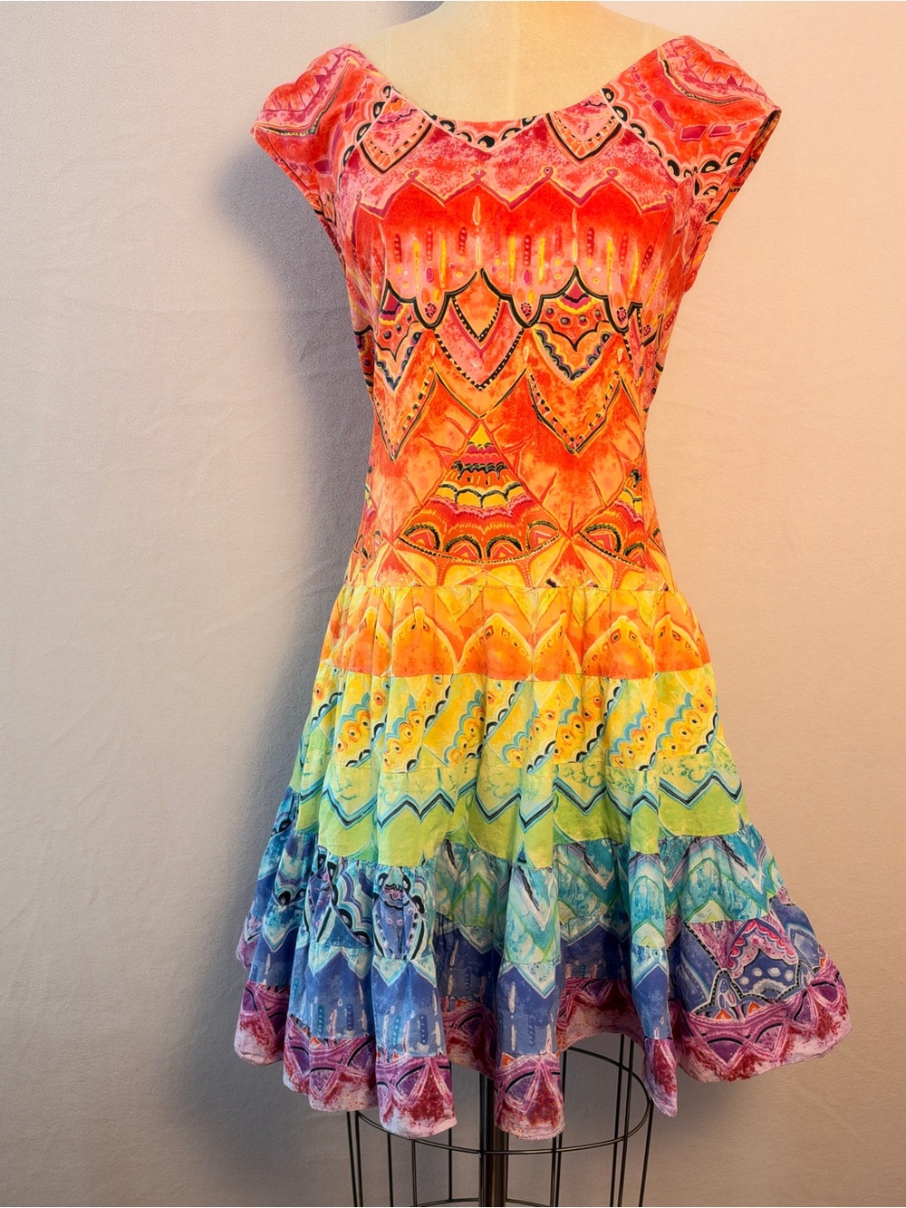 Phool Women’s XL Multicolor Geometric A-Line Scoop Neck Midi Lace-Up Dress
